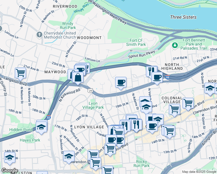map of restaurants, bars, coffee shops, grocery stores, and more near 1920 North Calvert Street in Arlington