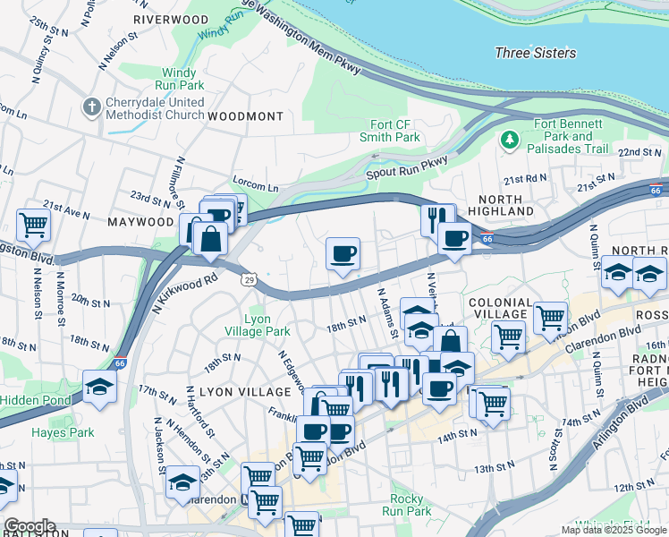 map of restaurants, bars, coffee shops, grocery stores, and more near 1931 North Cleveland Street in Arlington