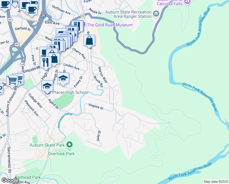 map of restaurants, bars, coffee shops, grocery stores, and more near 219 Brook Road in Auburn