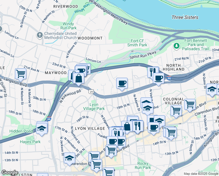 map of restaurants, bars, coffee shops, grocery stores, and more near 1920 North Calvert Street in Arlington