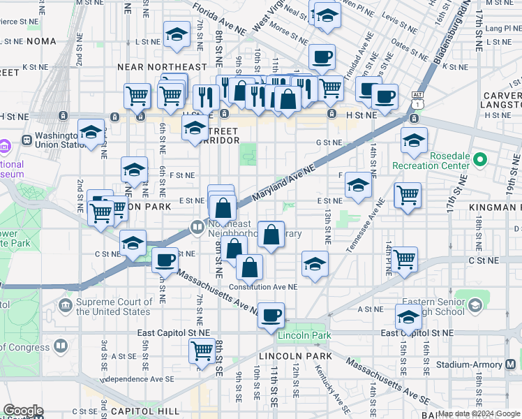 map of restaurants, bars, coffee shops, grocery stores, and more near 433 10th Street Northeast in Washington
