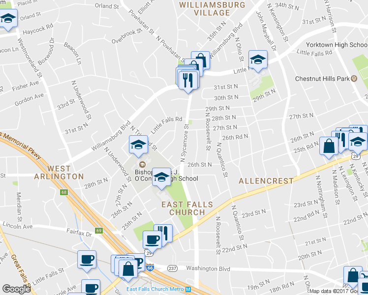 map of restaurants, bars, coffee shops, grocery stores, and more near 2624 North Sycamore Street in Arlington