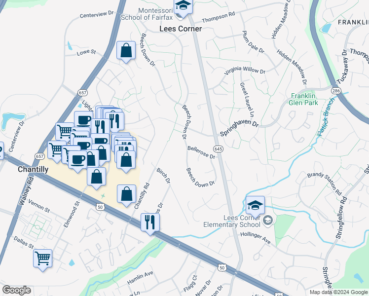 map of restaurants, bars, coffee shops, grocery stores, and more near 3804 Beech Down Drive in Chantilly