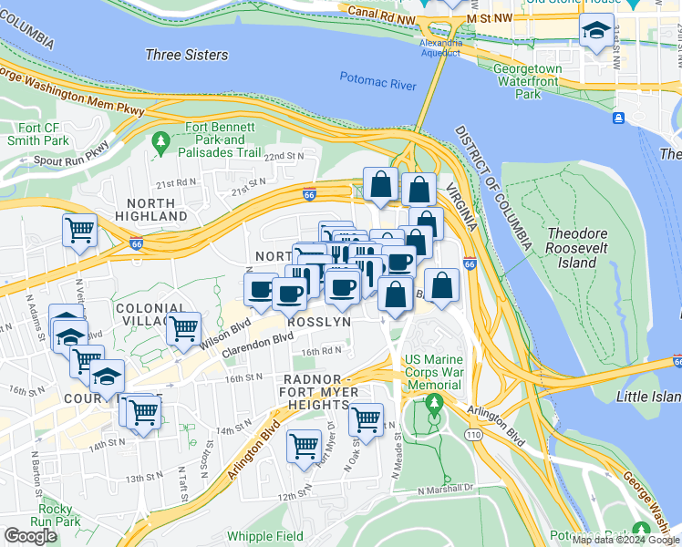 map of restaurants, bars, coffee shops, grocery stores, and more near 101 Independence Avenue Southeast in Washington