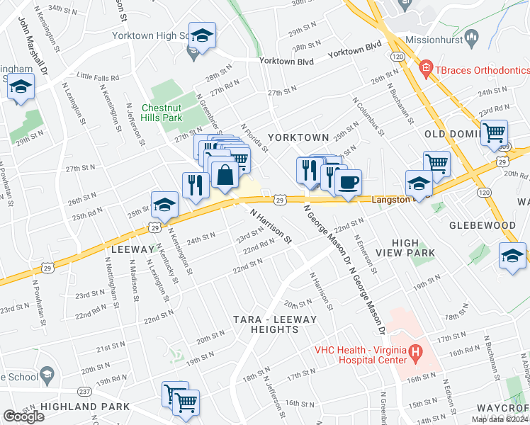 map of restaurants, bars, coffee shops, grocery stores, and more near 2249 North Harrison Street in Arlington