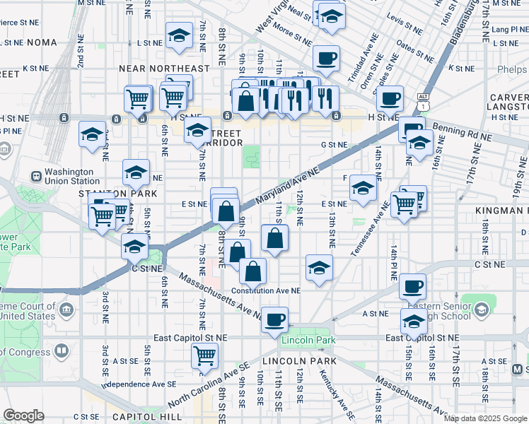 map of restaurants, bars, coffee shops, grocery stores, and more near 433 10th Street Northeast in Washington