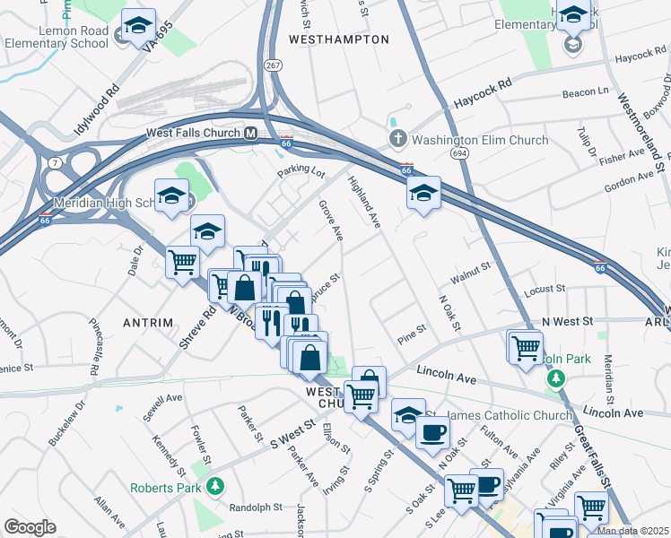 map of restaurants, bars, coffee shops, grocery stores, and more near 6940 Spruce Street in Falls Church