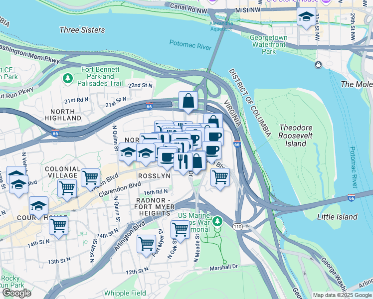 map of restaurants, bars, coffee shops, grocery stores, and more near 1820 North Fort Myer Drive in Arlington