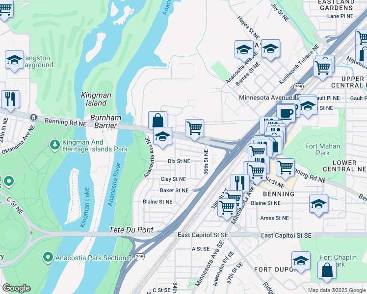 map of restaurants, bars, coffee shops, grocery stores, and more near 3418 Eads Street Northeast in Washington