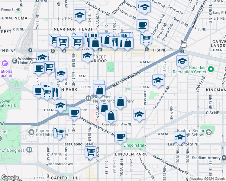 map of restaurants, bars, coffee shops, grocery stores, and more near 438 10th Street Northeast in Washington