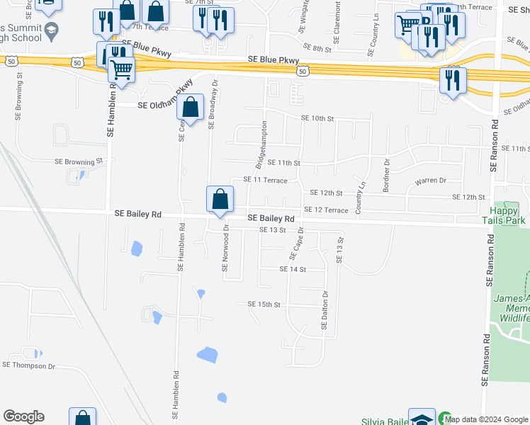 map of restaurants, bars, coffee shops, grocery stores, and more near 813 Southeast 12 Terrace in Lee's Summit