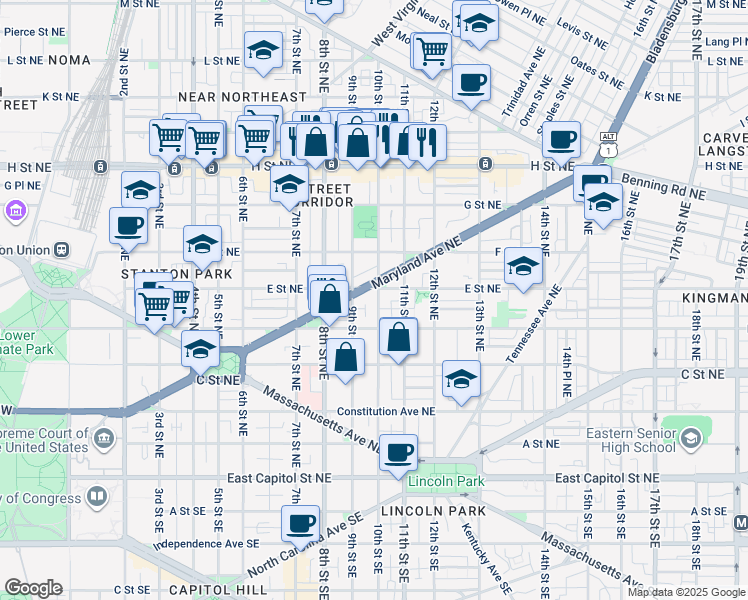 map of restaurants, bars, coffee shops, grocery stores, and more near 438 10th Street Northeast in Washington
