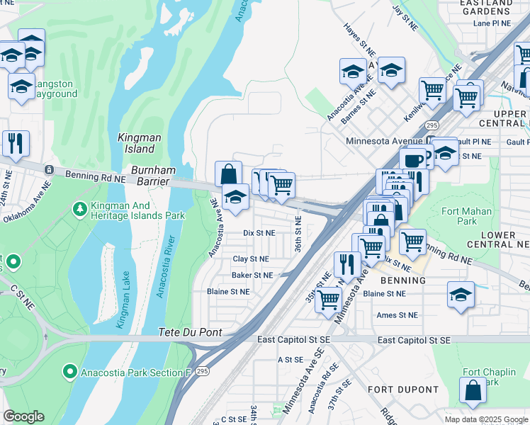 map of restaurants, bars, coffee shops, grocery stores, and more near 3418 Eads Street Northeast in Washington