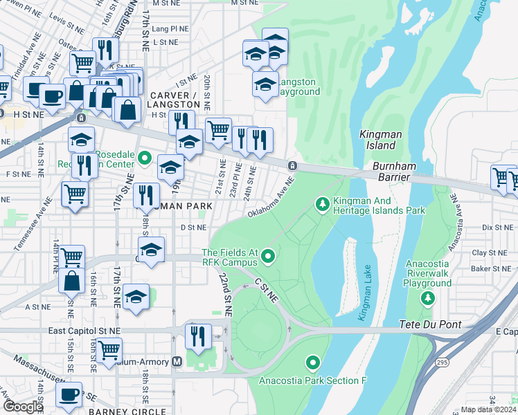 map of restaurants, bars, coffee shops, grocery stores, and more near 420 Oklahoma Avenue Northeast in Washington