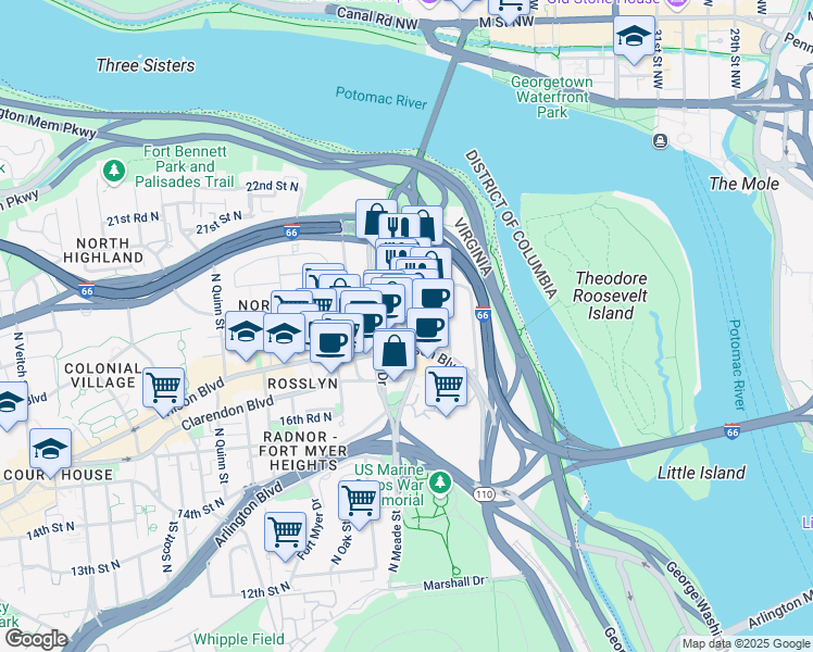 map of restaurants, bars, coffee shops, grocery stores, and more near 1730 North Lynn Street in Arlington