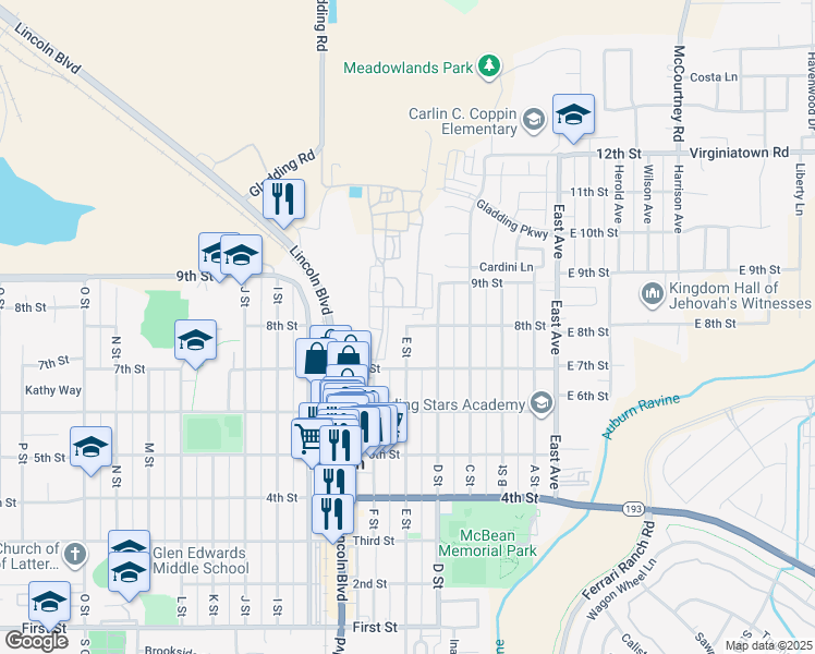 map of restaurants, bars, coffee shops, grocery stores, and more near 1085 E Street in Lincoln