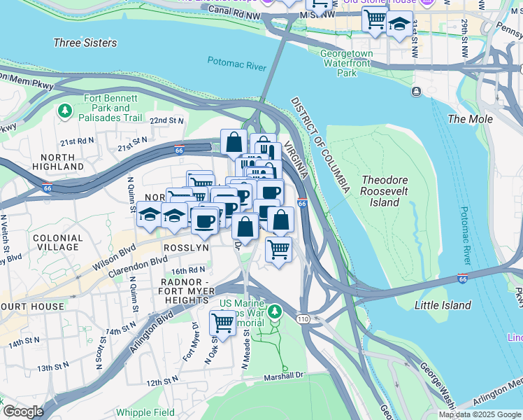 map of restaurants, bars, coffee shops, grocery stores, and more near 1735 North Lynn Street in Arlington