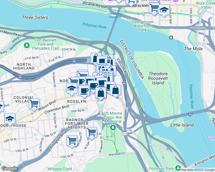map of restaurants, bars, coffee shops, grocery stores, and more near 1735 North Lynn Street in Arlington