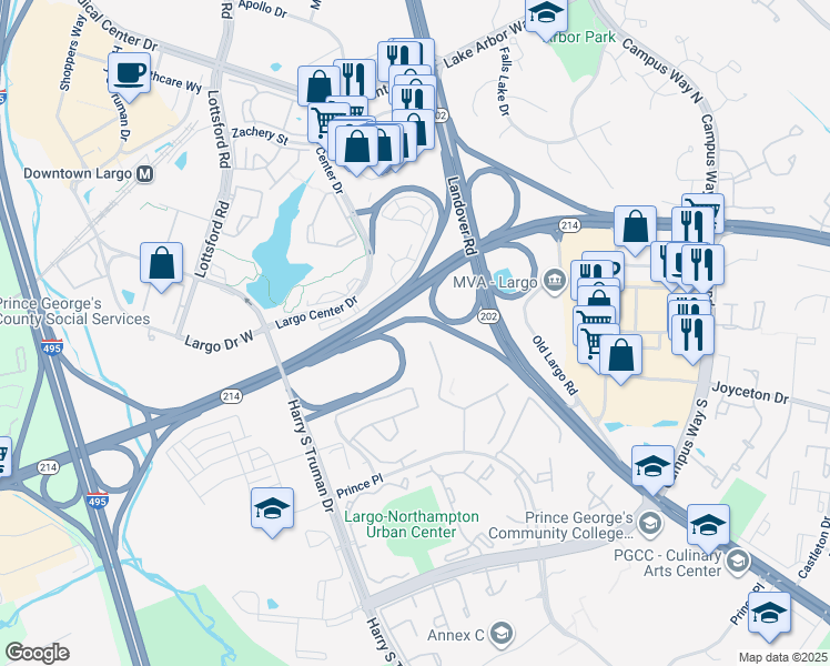 map of restaurants, bars, coffee shops, grocery stores, and more near 9 Cable Hollow Way in Upper Marlboro