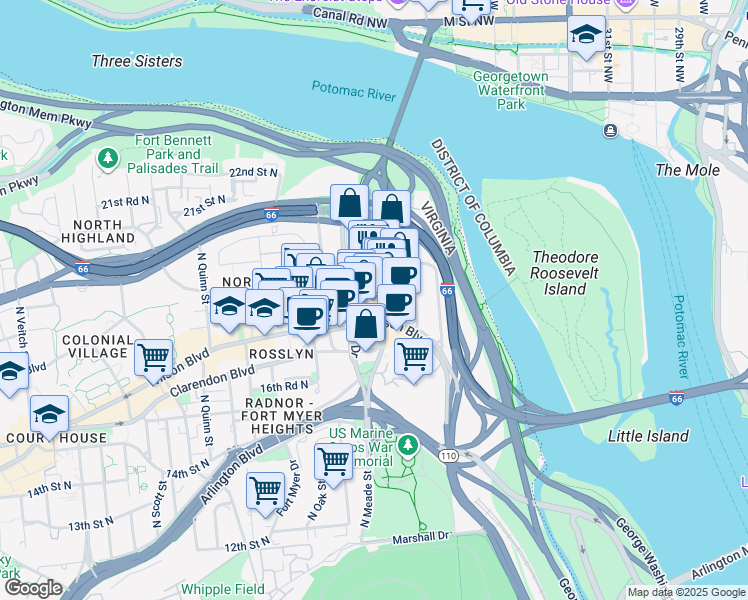 map of restaurants, bars, coffee shops, grocery stores, and more near 1730 North Lynn Street in Arlington
