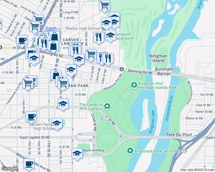 map of restaurants, bars, coffee shops, grocery stores, and more near 101 Independence Avenue Southeast in Washington