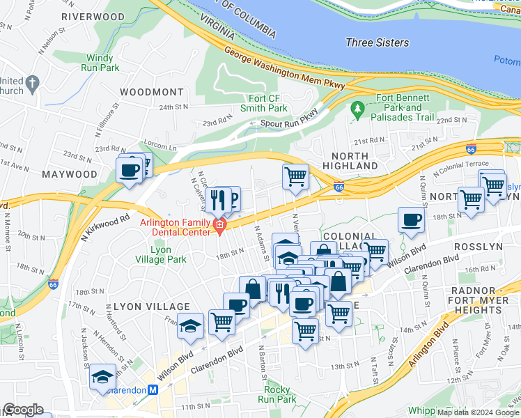map of restaurants, bars, coffee shops, grocery stores, and more near 1901 North Adams Street in Arlington