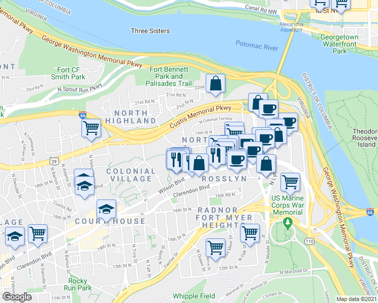 map of restaurants, bars, coffee shops, grocery stores, and more near 1805 North Quinn Street in Arlington