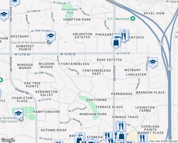 map of restaurants, bars, coffee shops, grocery stores, and more near 9005 West 127th Terrace in Overland Park