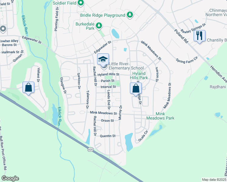 map of restaurants, bars, coffee shops, grocery stores, and more near 43502 Jubilee Street in Chantilly