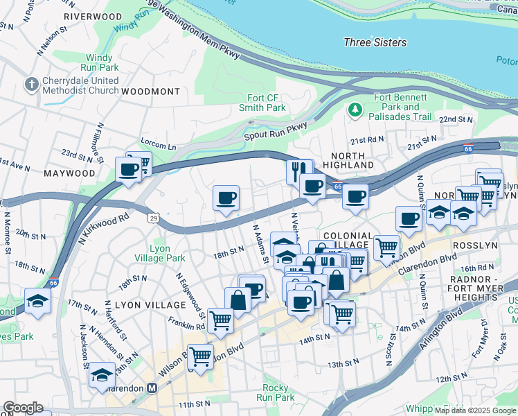 map of restaurants, bars, coffee shops, grocery stores, and more near 1901 North Adams Street in Arlington