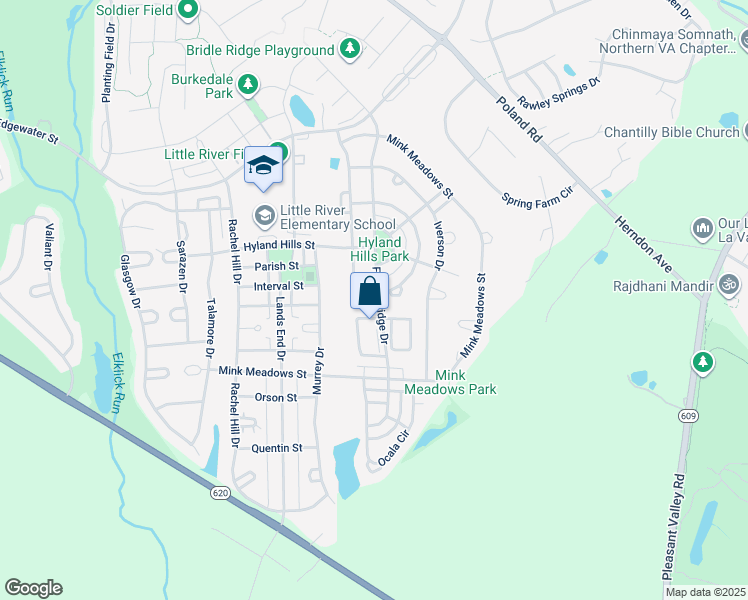 map of restaurants, bars, coffee shops, grocery stores, and more near 26105 Springdale Drive in Chantilly