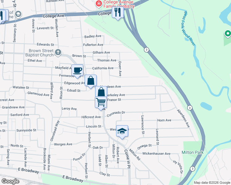 map of restaurants, bars, coffee shops, grocery stores, and more near 3548 Aberdeen Avenue in Alton