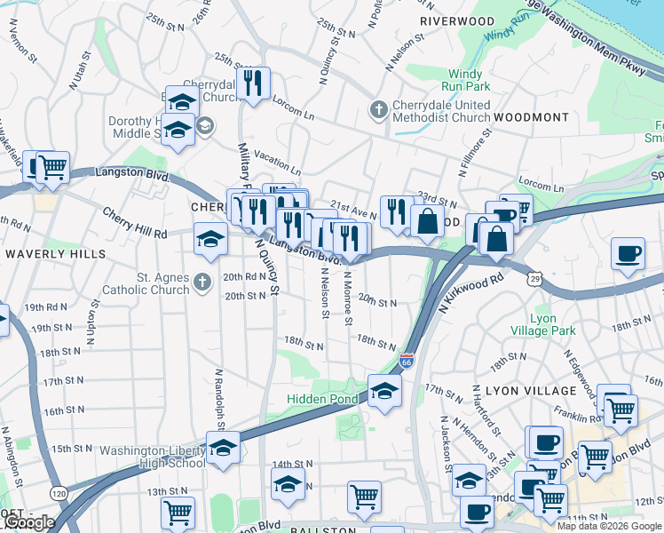 map of restaurants, bars, coffee shops, grocery stores, and more near 2021 North Nelson Street in Arlington