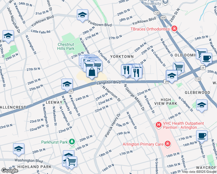 map of restaurants, bars, coffee shops, grocery stores, and more near 2249 North Harrison Street in Arlington