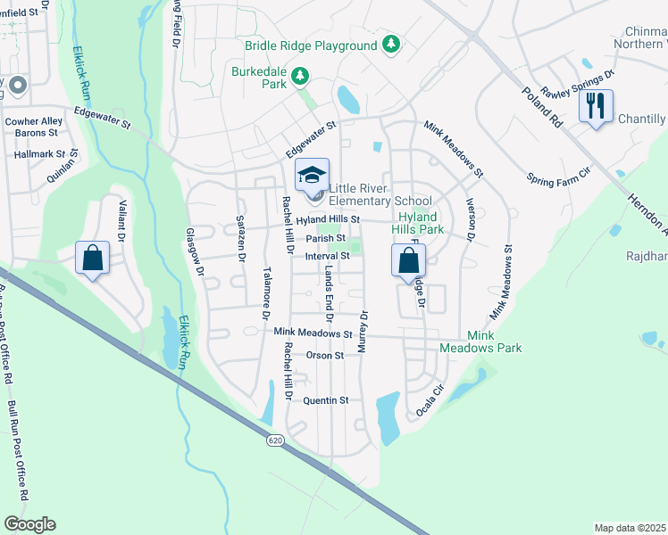 map of restaurants, bars, coffee shops, grocery stores, and more near 26092 Lands End Drive in Chantilly