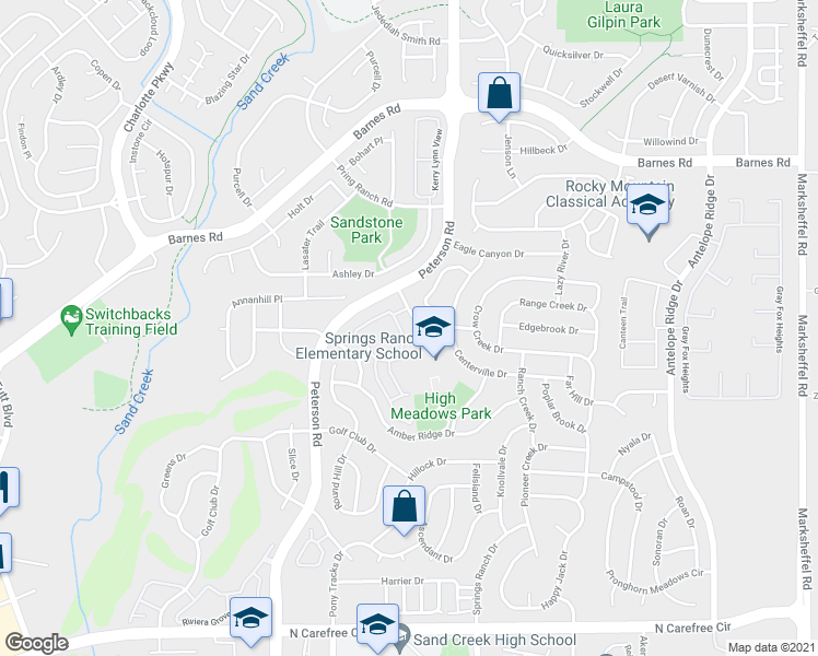 map of restaurants, bars, coffee shops, grocery stores, and more near 7064 Ash Creek Heights in Colorado Springs
