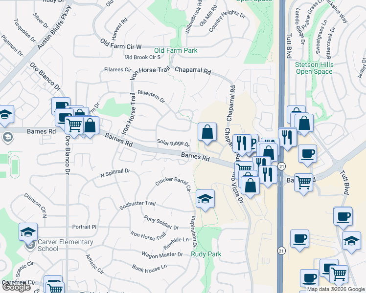 map of restaurants, bars, coffee shops, grocery stores, and more near 5312 Solar Ridge Drive in Colorado Springs