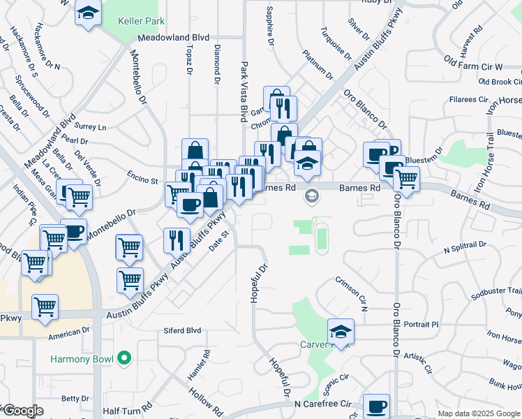 map of restaurants, bars, coffee shops, grocery stores, and more near 4575 Austin Bluffs Parkway in Colorado Springs