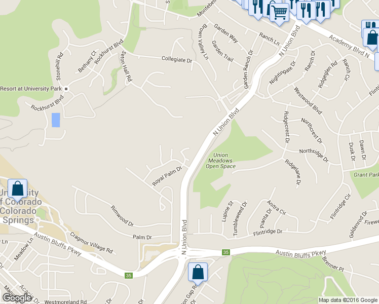 map of restaurants, bars, coffee shops, grocery stores, and more near 2446 Blazek Loop in Colorado Springs