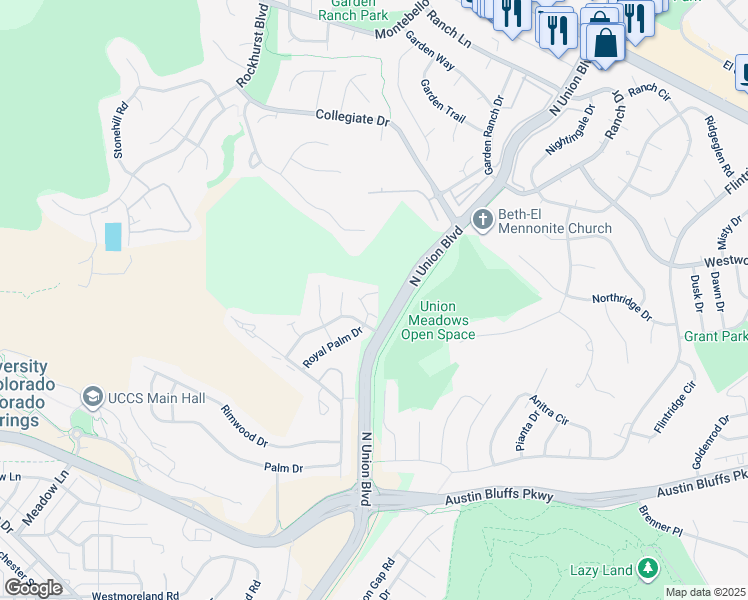 map of restaurants, bars, coffee shops, grocery stores, and more near 2446 Blazek Loop in Colorado Springs