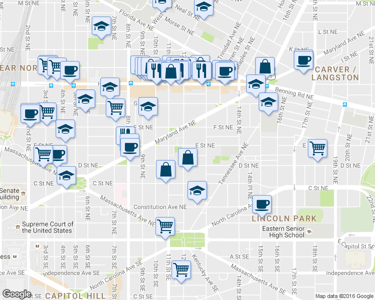 map of restaurants, bars, coffee shops, grocery stores, and more near 101 Independence Avenue Southeast in Washington
