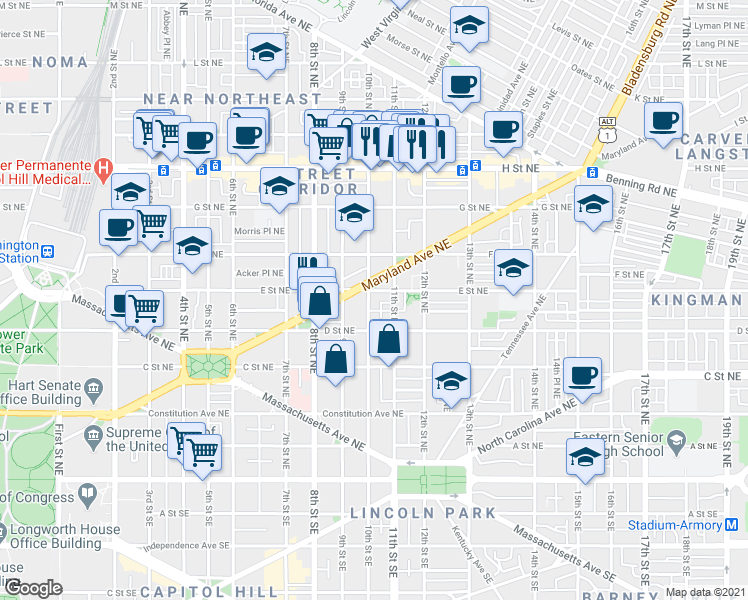 map of restaurants, bars, coffee shops, grocery stores, and more near 101 Independence Avenue Southeast in Washington