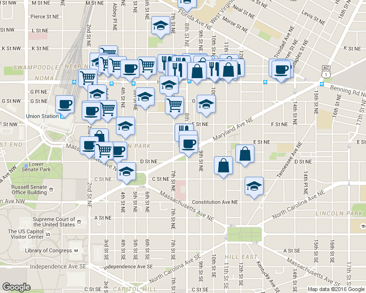 map of restaurants, bars, coffee shops, grocery stores, and more near 101 Independence Avenue Southeast in Washington