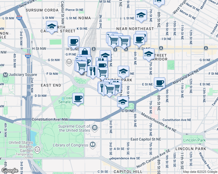 map of restaurants, bars, coffee shops, grocery stores, and more near 101 Independence Avenue Southeast in Washington
