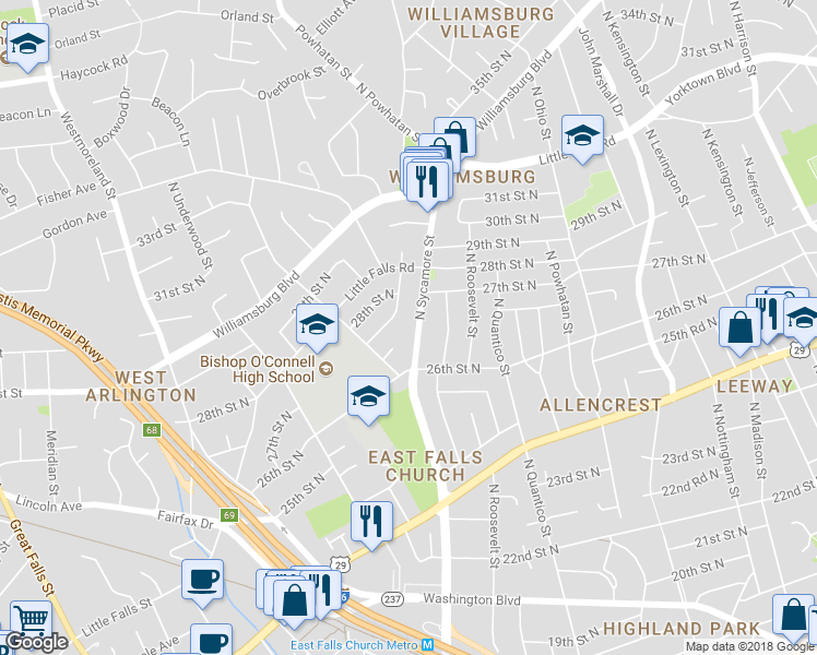 map of restaurants, bars, coffee shops, grocery stores, and more near 2624 North Sycamore Street in Arlington