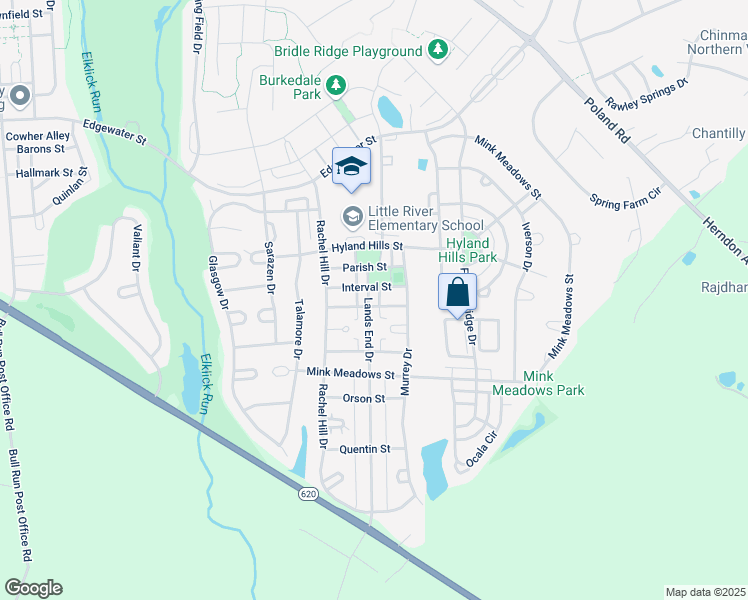 map of restaurants, bars, coffee shops, grocery stores, and more near 26092 Lands End Drive in Chantilly