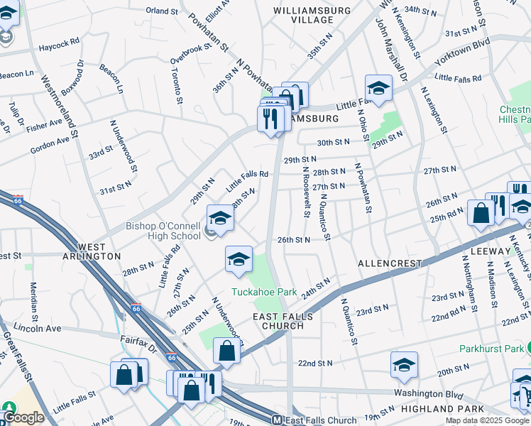 map of restaurants, bars, coffee shops, grocery stores, and more near 2624 North Sycamore Street in Arlington