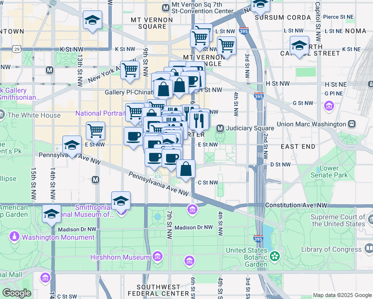 map of restaurants, bars, coffee shops, grocery stores, and more near 600 E Street Northwest in Washington