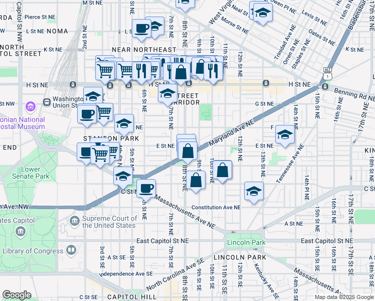 map of restaurants, bars, coffee shops, grocery stores, and more near 101 Independence Avenue Southeast in Washington