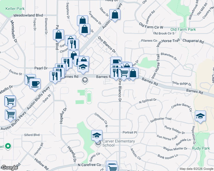 map of restaurants, bars, coffee shops, grocery stores, and more near 4717 Barnes Road in Colorado Springs